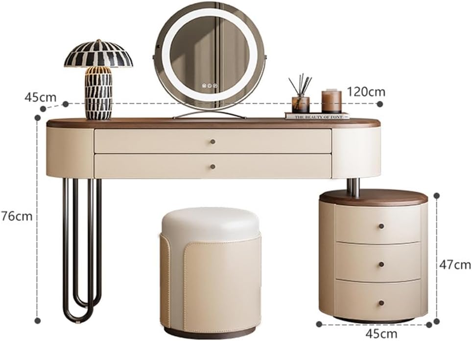 Modern Dressing Table with Mirror, Rounded Vanity Table with Storage and Metal Legs, Cylindrical 3-Drawer Cabinet, Vanity Set for Bedroom