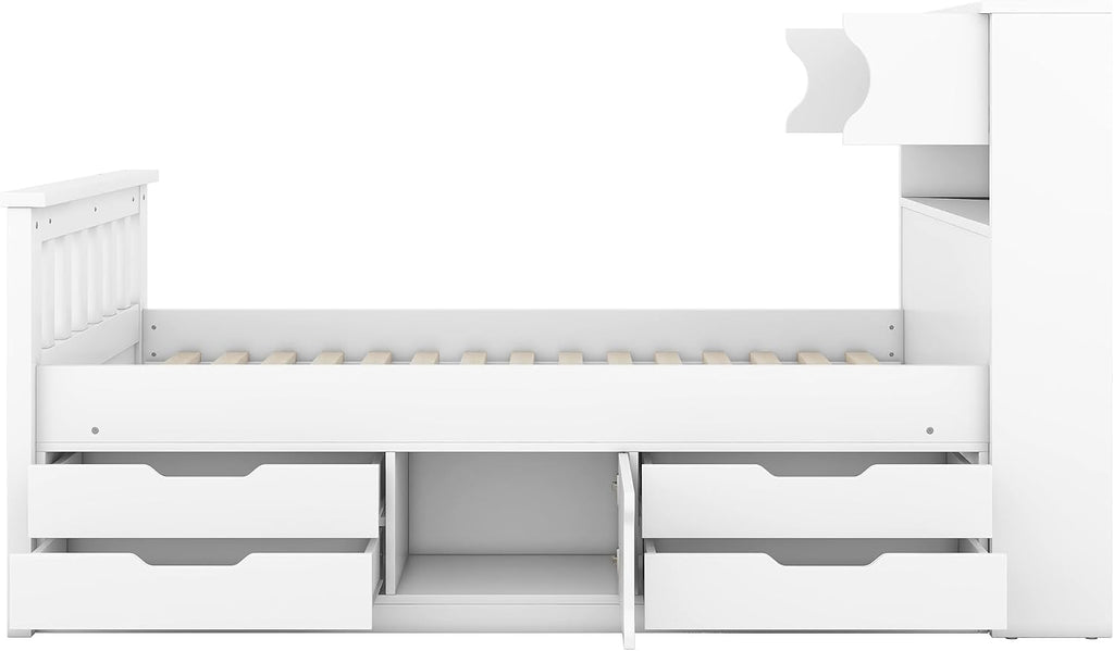 SOFTSEA Twin Size Captains Bed Frame with Storage Drawers, Wood Platform Bed with Bookcase Headboard, Storage Shelves and Doors for Kids Teens, No Box Spring Needed, White