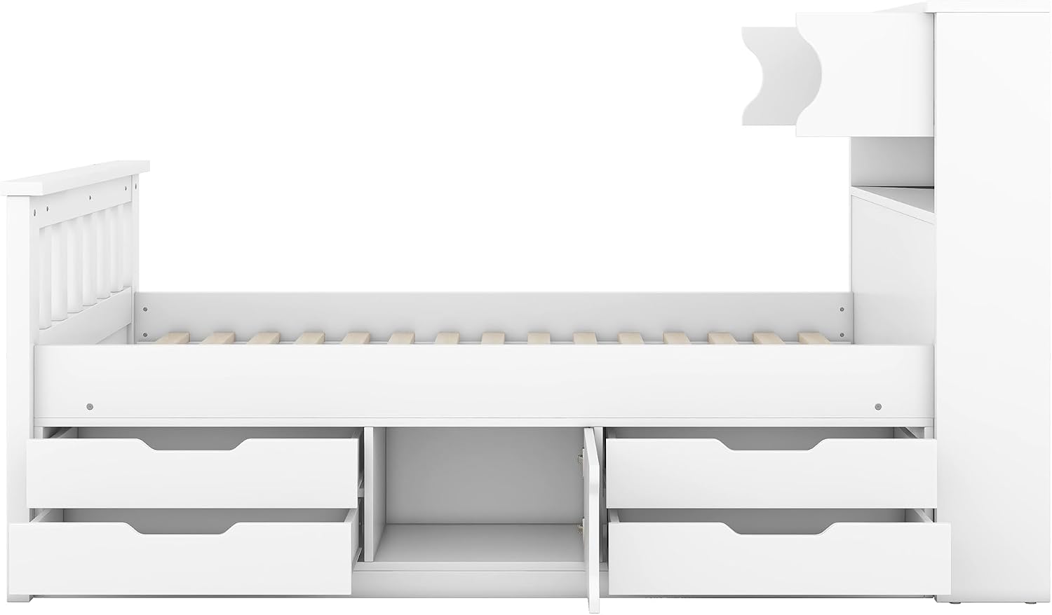 SOFTSEA Twin Size Captains Bed Frame with Storage Drawers, Wood Platform Bed with Bookcase Headboard, Storage Shelves and Doors for Kids Teens, No Box Spring Needed, White