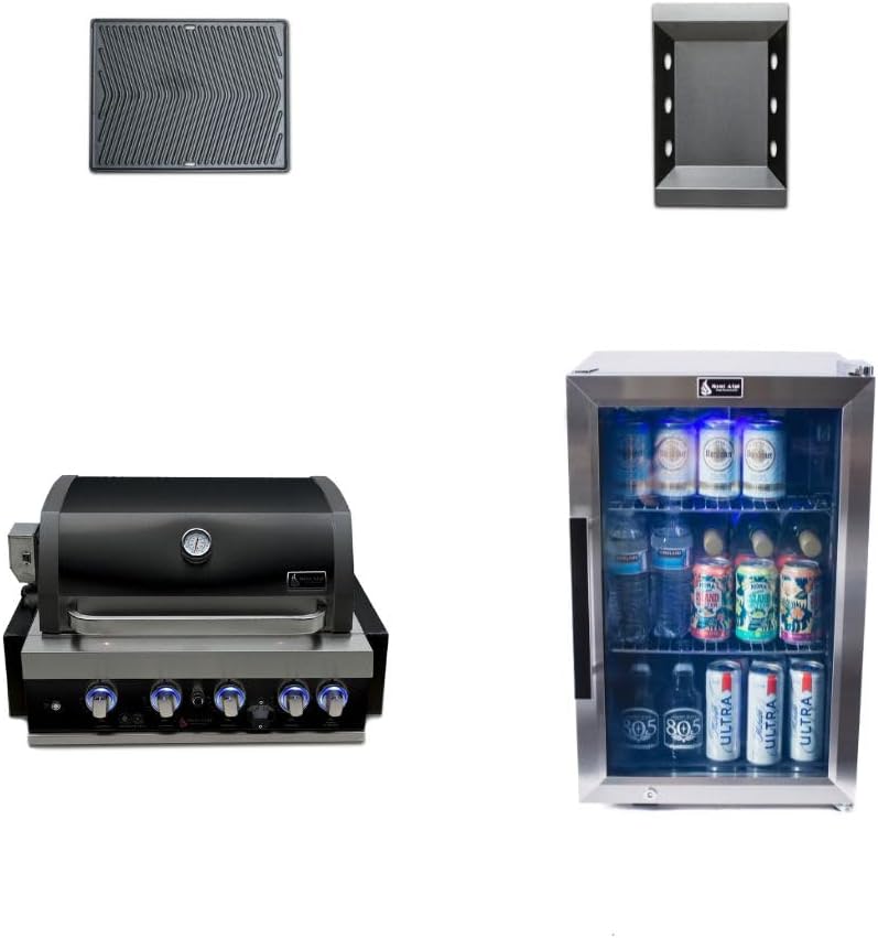 Mont Alpi Premium 32'W x 23'D x 21'H Black Stainless Steel 4-Burner Built-in BBQ Gas Grill Head with Infrared Rear Burner + Rotisserie Kit + Outdoor Rated Refrigerator + Charcoal Tray + Griddle Plate