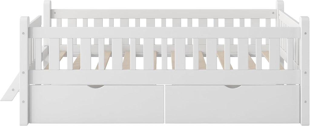 VilroCaz Twin Size Platform Bed with Guardrail and 2 Drawers, Wood Kids Platform Bed Frame with Two-Step Ladder for Boys Girls, Sturdy Slats Support (White-1.26)