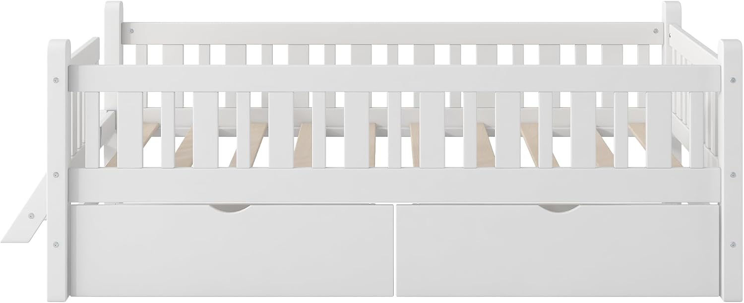 VilroCaz Twin Size Platform Bed with Guardrail and 2 Drawers, Wood Kids Platform Bed Frame with Two-Step Ladder for Boys Girls, Sturdy Slats Support (White-1.26)