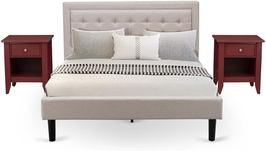 East West Furniture FN08Q-2GA13 3-Piece Fannin Bedroom Furniture Set with 1 Wingback Bed and 2 Bedroom Nightstands - Reliable and Sturdy Manufacturing - Mist Beige Linen Fabric