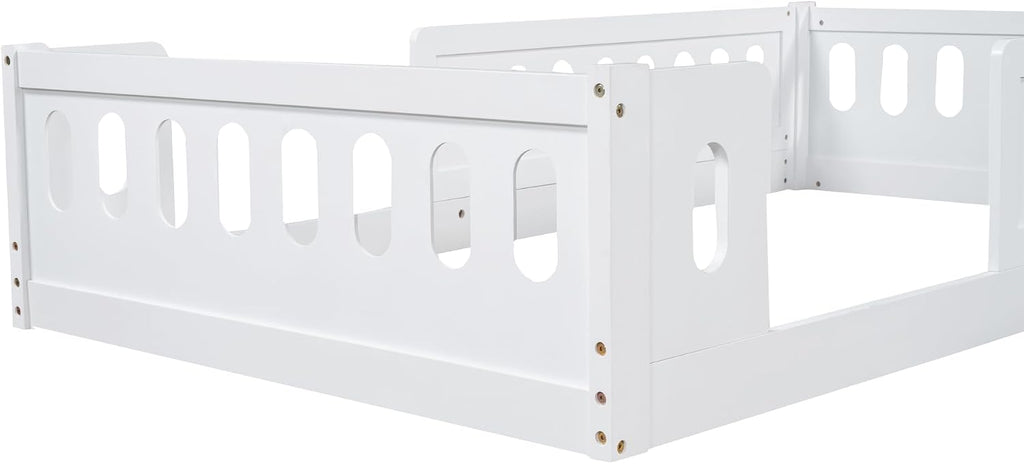 Platform Bed with Guardrail,Wood Floor Bed Frame for Bedroom,No Slat,No Box Spring Needed (White, Twin)