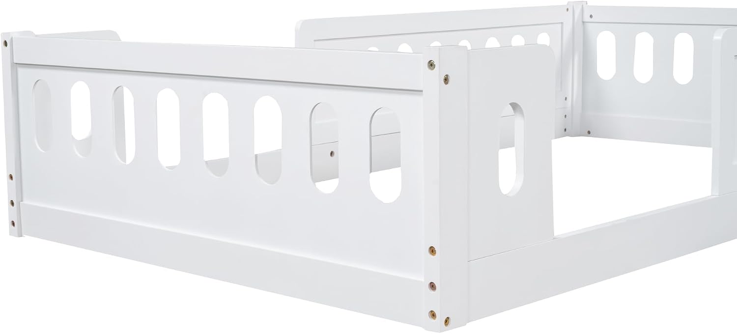 Platform Bed with Guardrail,Wood Floor Bed Frame for Bedroom,No Slat,No Box Spring Needed (White, Twin)