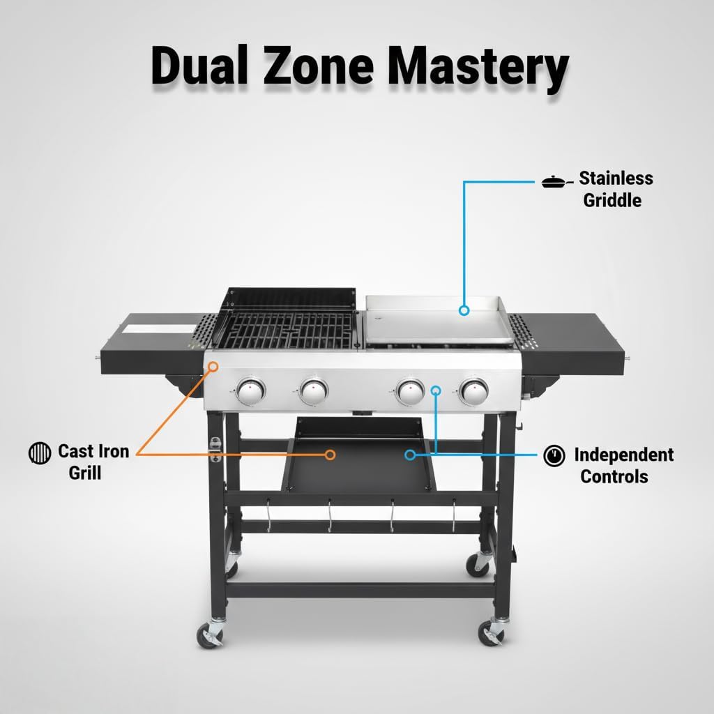 4-Burner Propane Gas Grill & Plancha Combo - 38,240 BTU Outdoor Flat Top Grill with Cast Iron Grids, 56.5' Stainless Steel
