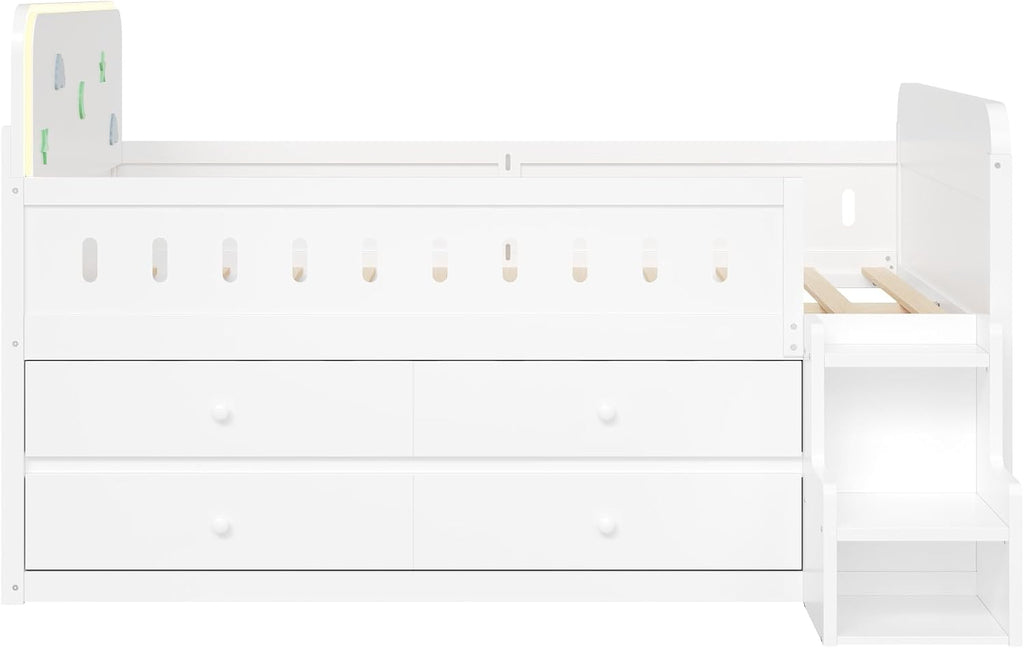 VilroCaz Full Size Platform Bed with Guardrail and 4 Drawers, Wooden Kids Platform Bed Frame with Two-Step Staircases and Light Strip for Boys Girls, Sturdy Slats Support (White-11A)