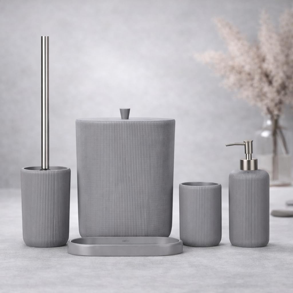 Lydia Collection 5-Piece Resin Bathroom Accessories Set – Toilet Brush Holder, Waste Bin, Soap Dispenser, Tray & Toothbrush Holder (Gray)