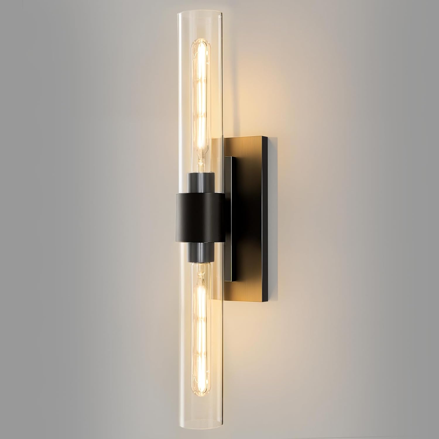 Black Brass Bathroom Wall Sconce - Modern Linear Light Sconces - Dimmable Lighting Fixtures - Vertical or Horizontal Mounted Clear Glass Tube Vanity Lights for Indoor Living Room Hallway