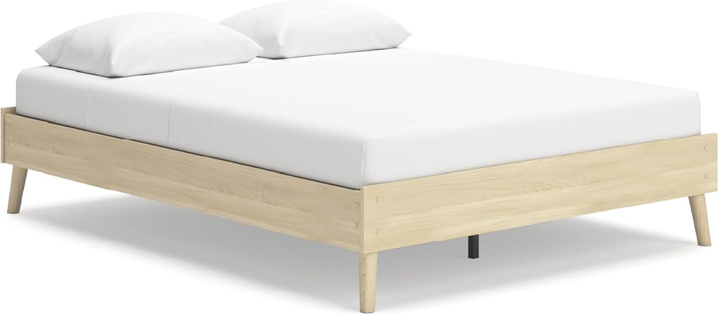 Signature Design by Ashley Cabinella Vintage Queen Platform Bed with Metal Slats and Center Support Legs, Wood, Foundation or Box Spring Not Needed, Light Brown