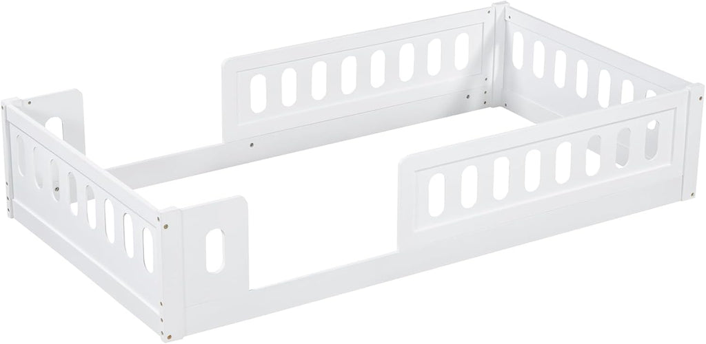 Platform Bed with Guardrail,Wood Floor Bed Frame for Bedroom,No Slat,No Box Spring Needed (White, Twin)
