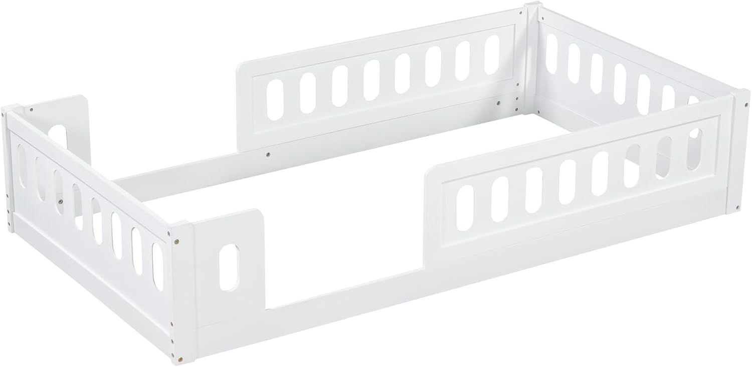 Platform Bed with Guardrail,Wood Floor Bed Frame for Bedroom,No Slat,No Box Spring Needed (White, Twin)