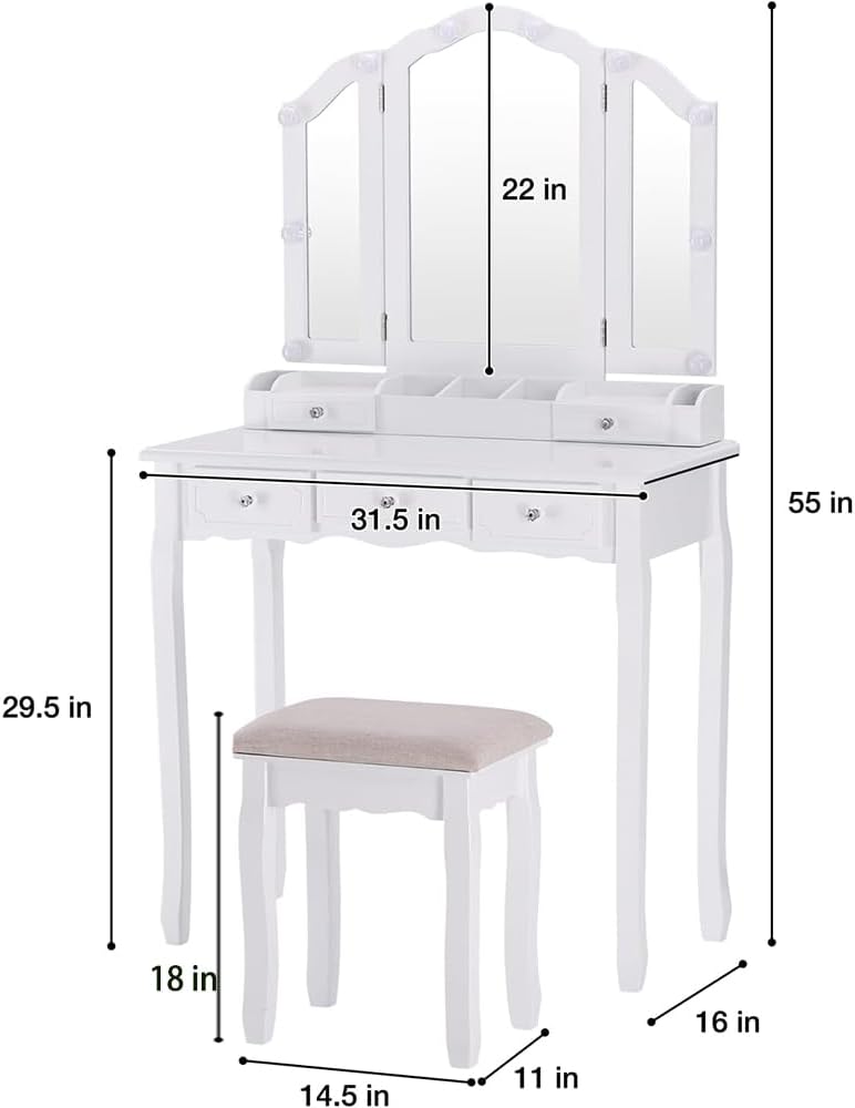BLEXA Vanity Desk Set-White Vanity Desk with Mirror and Lights Vanity Table with Drawers and Cushioned Stool Makeup Table with Mirror for Women and Girls(White)