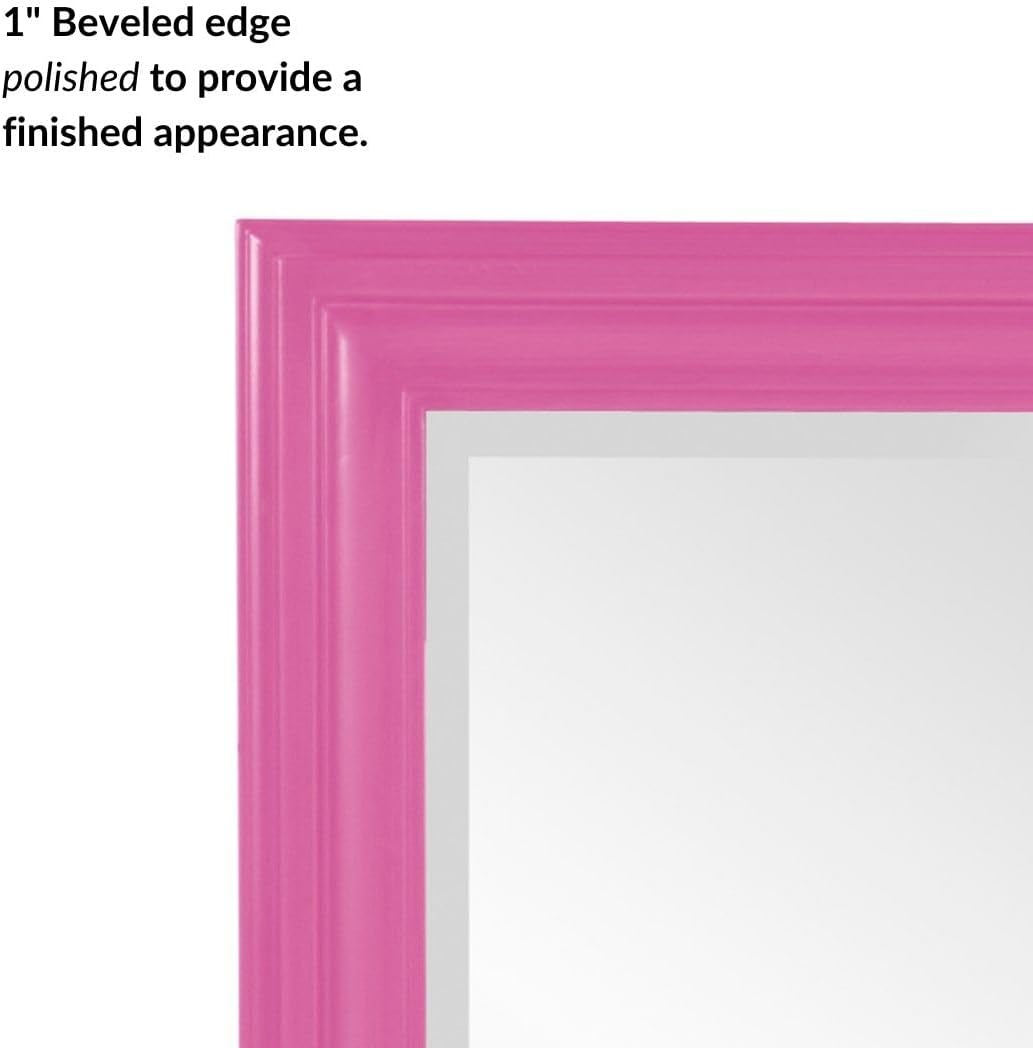 Howard Elliott George Rectangular Glossy Hot Pink Wall Mirror, Rectangle Hanging Wood Framed Vanity Mirrors for Home Decor, Living Room, Bathroom, Bedroom, or Hallway, 24 x 36 Inch