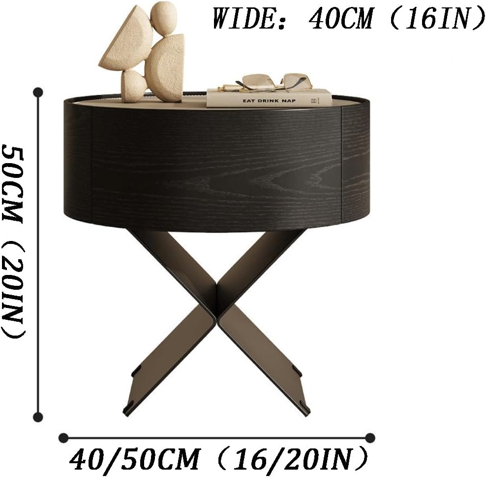 Modern Minimalist Circular Bedside Table, Black Wood Grain Storage Cabinet with Single Drawer, Suitable for Minimalist Decoration in bedrooms and Living Rooms((16x16x20in))