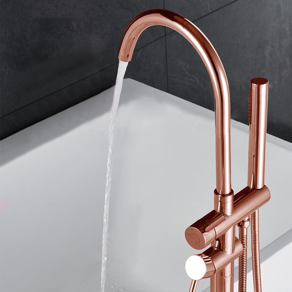 Floor Mount Bathtub Faucet, Freestanding Tub Filler, Standing Swivel Spout Shower Faucets Shower Mixer Taps with Cylinder Handheld Shower (Rose Gold, With Embedded Box)
