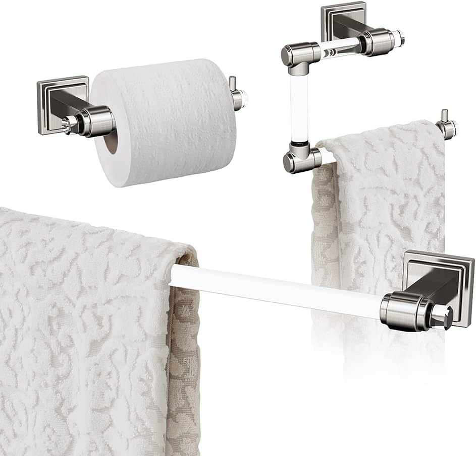 Amerock | Clear/Brushed Nickel | Glacio |Towel Bar | 24 inch (610 mm) | 3 Piece | Bathroom Accessories Set