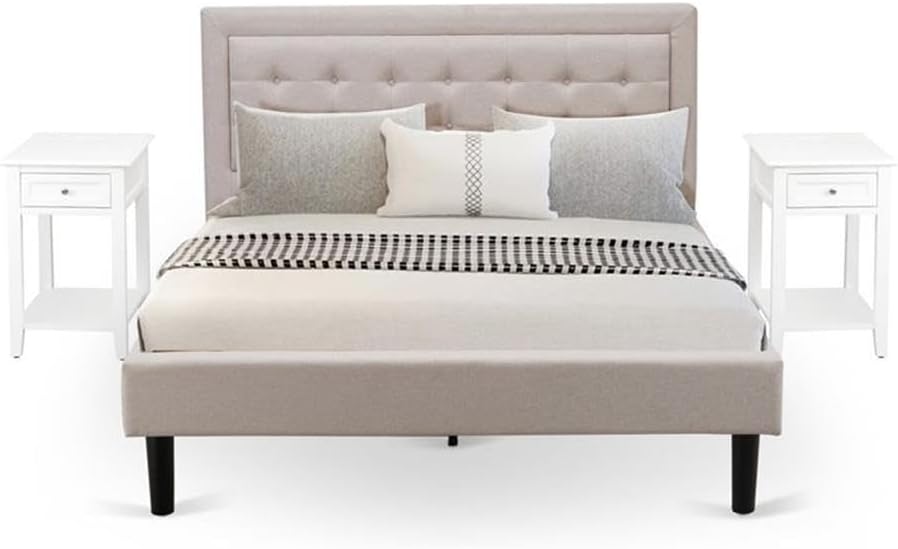 East West Furniture FN08Q-2DE05 3-Piece Platform Queen Bedroom Set with 1 Upholstered Bed and 2 Small Nightstands - Mist Beige Linen Fabric