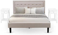 East West Furniture FN08Q-2DE05 3-Piece Platform Queen Bedroom Set with 1 Upholstered Bed and 2 Small Nightstands - Mist Beige Linen Fabric