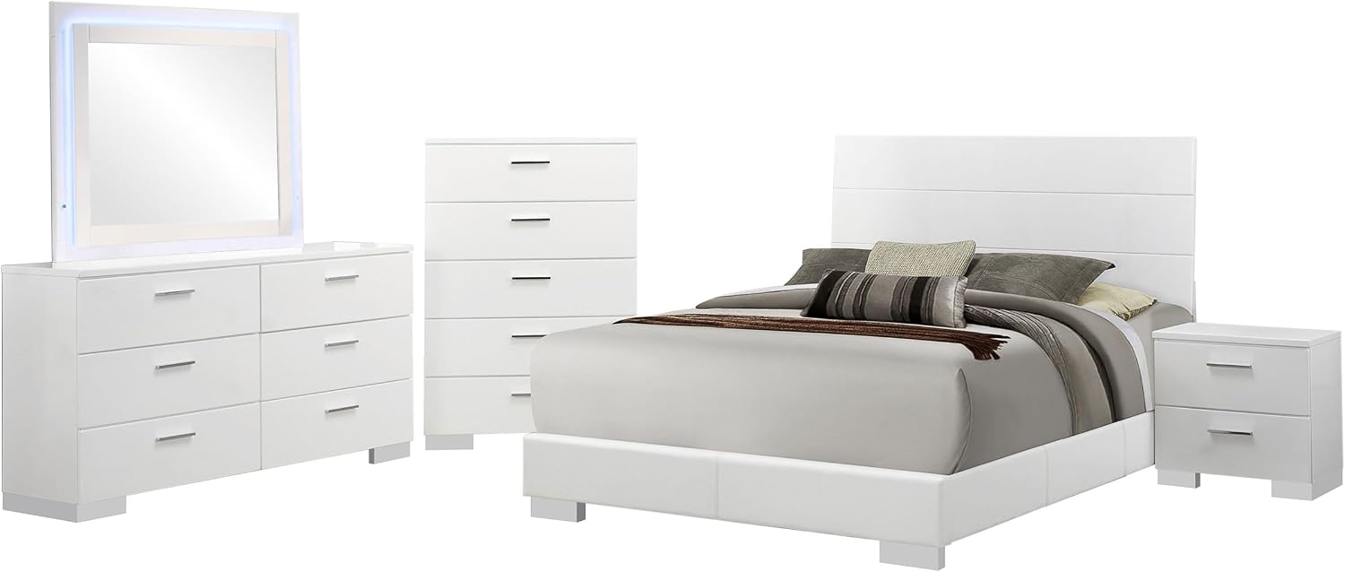Coaster Home Furnishings Felicity Contemporary 5-Piece Bedroom Set Queen Size Panel Bed Frame 51-inch Headboard White High Gloss 203501Q-S5L