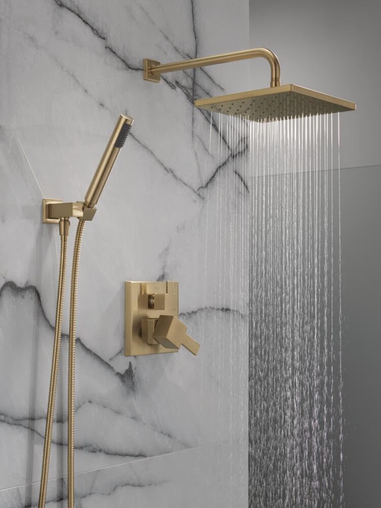 Delta Modern 14 Series Square Rain Shower System Faucet Set, Rainfall Brushed Gold Shower Head and Handle Set, Valve Trim Kit, 10 Inch, Champagne Bronze T342701-CZ (Valve Not Included)