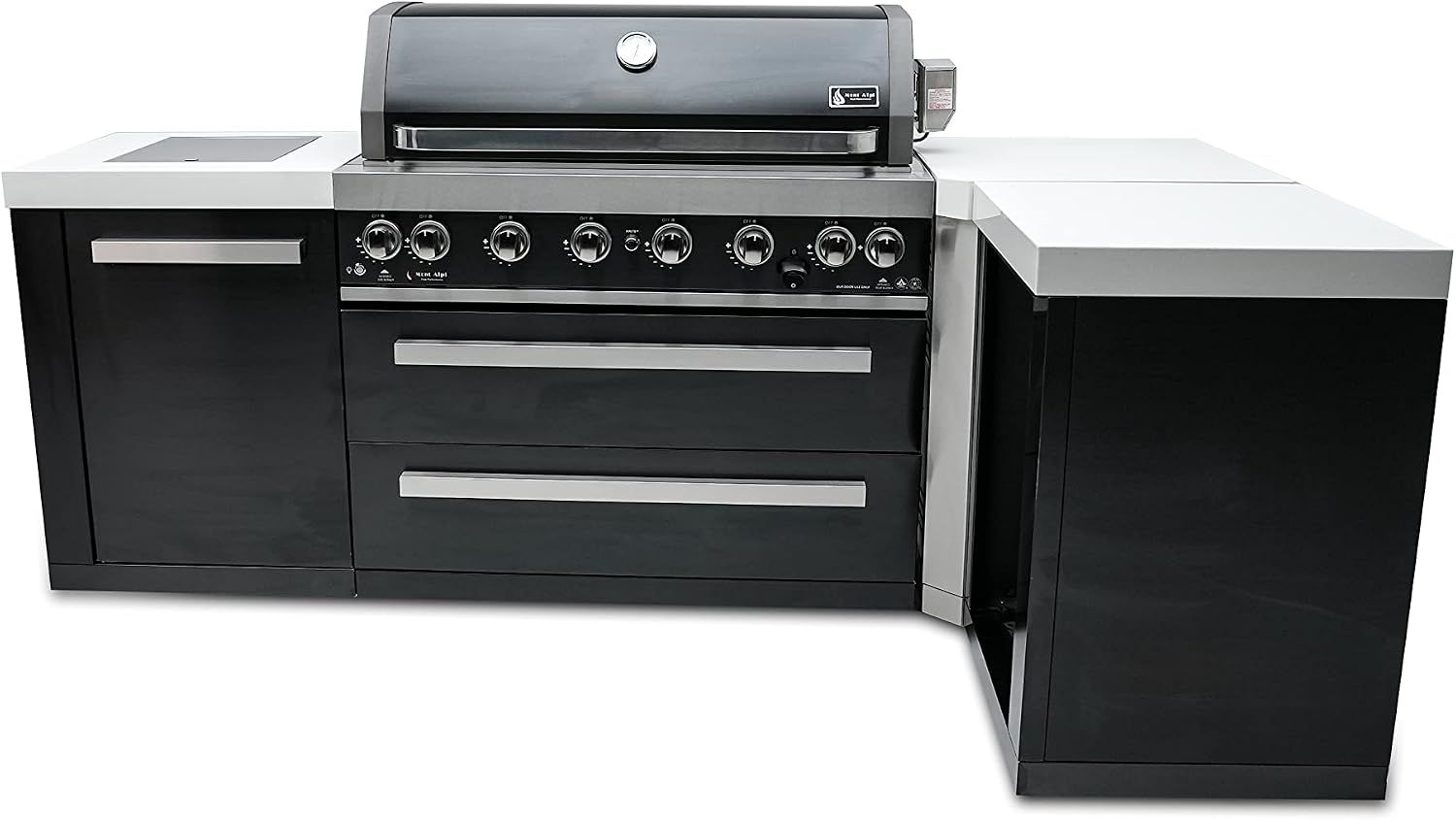 Mont Alpi Premium 94'W x 50'D Black Stainless Steel L-shaped Modular Outdoor Kitchen Island + Infrared Side & Rear Burner + 44'W 6-Burner BBQ Grill + Granite Countertops + Storage Cabinets & Drawers