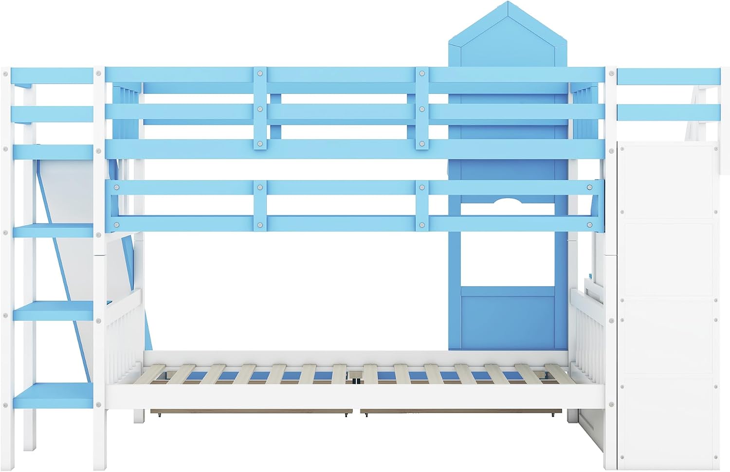 Harper & Bright Designs Twin Over Twin Bunk Bed with Stairs and Slide, Solid Wood Bunk Bed Frame with Storage Drawers and Bookshelf, for Kids Teens Girls Boys (Blue)