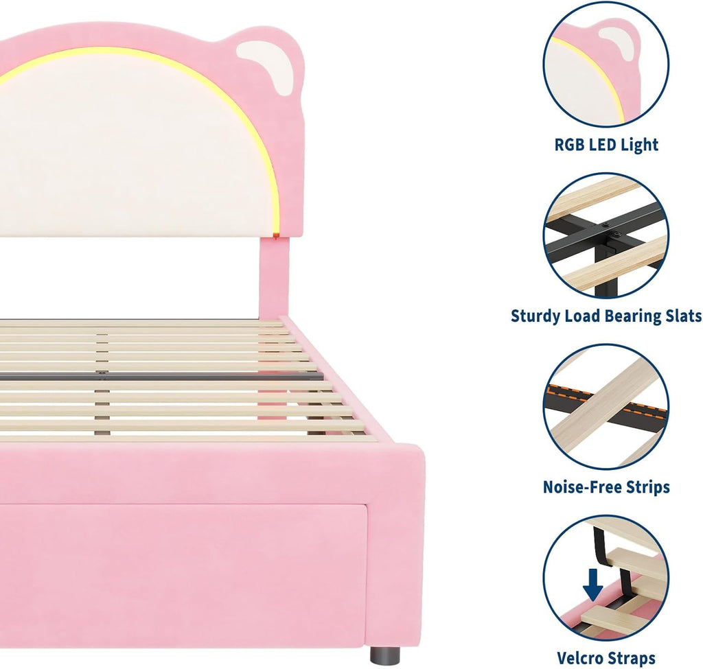 IDEALHOUSE Twin XL Size LED Bed Frame with Storage Drawers,Adjustable Headboard with Cute Bear Design,Soft Velvet Fabric Bed Frame for Kids,Solid Wood Slat Support,Noise-Free,Easy Assembly,Pink