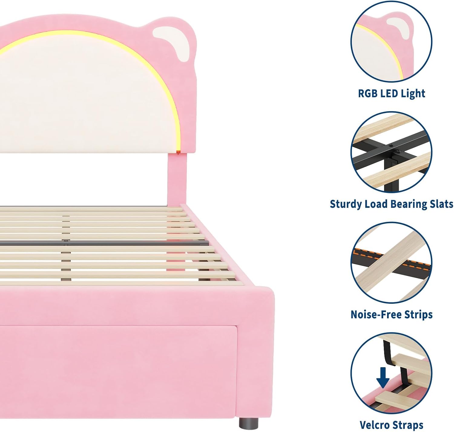 IDEALHOUSE Twin XL Size LED Bed Frame with Storage Drawers,Adjustable Headboard with Cute Bear Design,Soft Velvet Fabric Bed Frame for Kids,Solid Wood Slat Support,Noise-Free,Easy Assembly,Pink