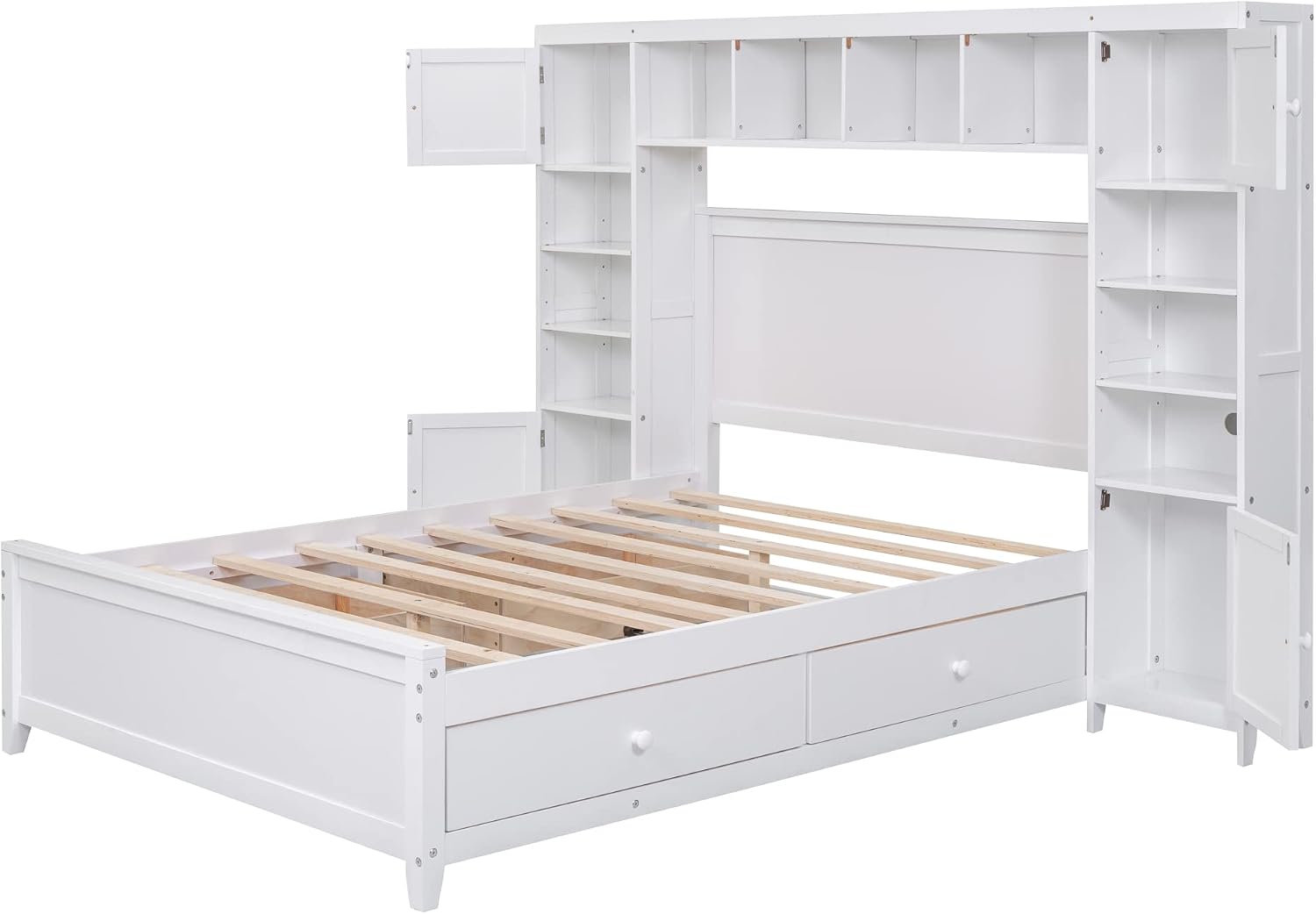 SOFTSEA Full Size Platform Bed with Bookcase Headboard, Full Storage Bed with 4 Drawers, Solid Wood Bed Frame with Storage Cabinets and Shelves for Kids Adults, No Box Spring Needed, White