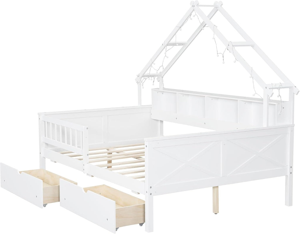 Bellemave Full House Platform Bed with Drawers Wood House Bed with Storage Shelves and LED Lights House Platform Bed Frame for Kids, Teens, Adults, No Spring Box Needed (White)