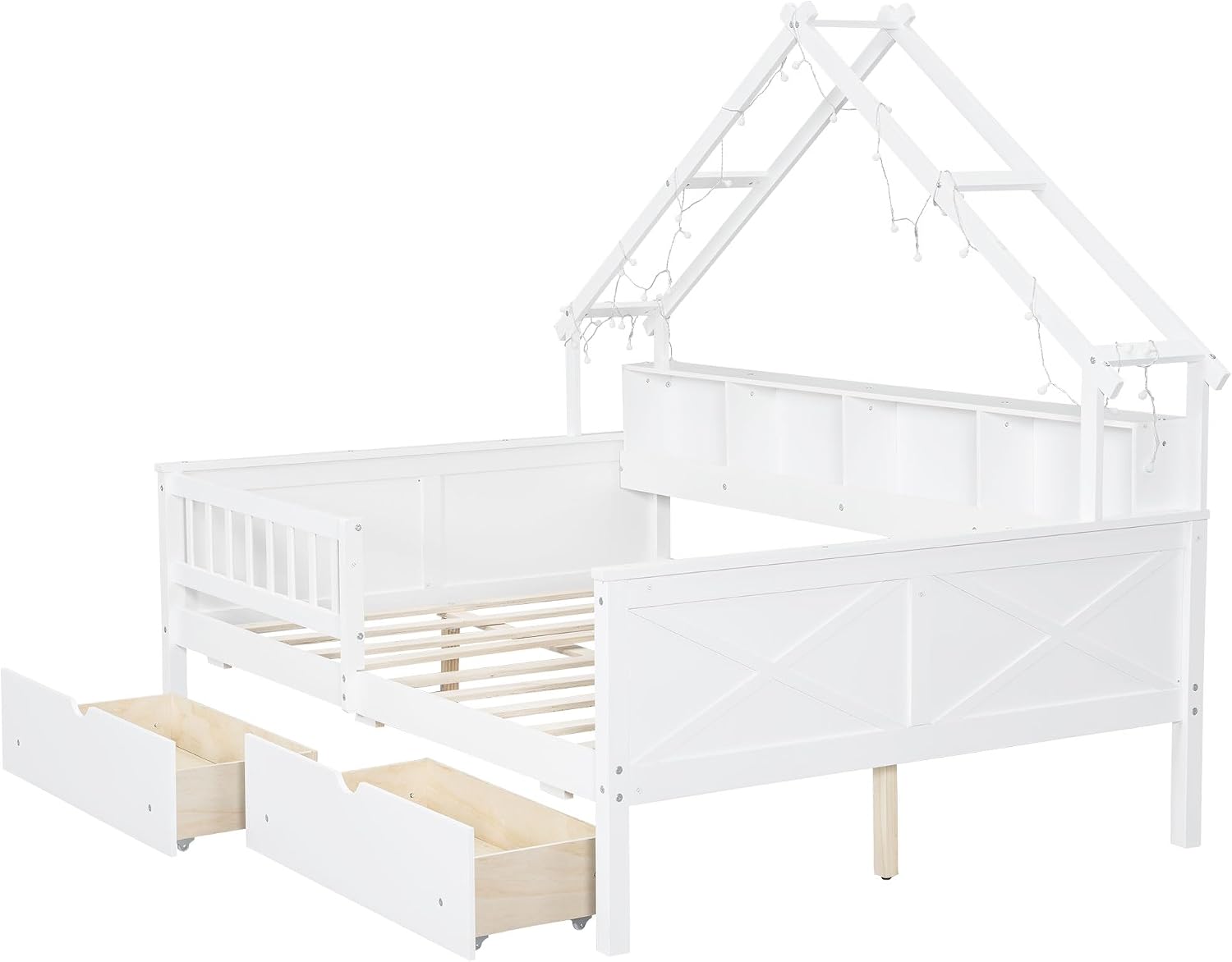 Bellemave Full House Platform Bed with Drawers Wood House Bed with Storage Shelves and LED Lights House Platform Bed Frame for Kids, Teens, Adults, No Spring Box Needed (White)