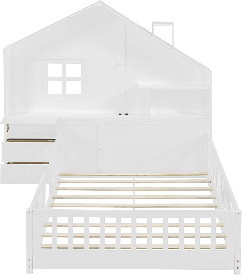 VilroCaz Full Size Kids Floor Bed with Safety Fence, Solid Wood Montessori Platform Bed with House Shape Headboard with Bedside Drawers, Shelves, Sockets and USB Port for Kids Boys Girls (White-LF)