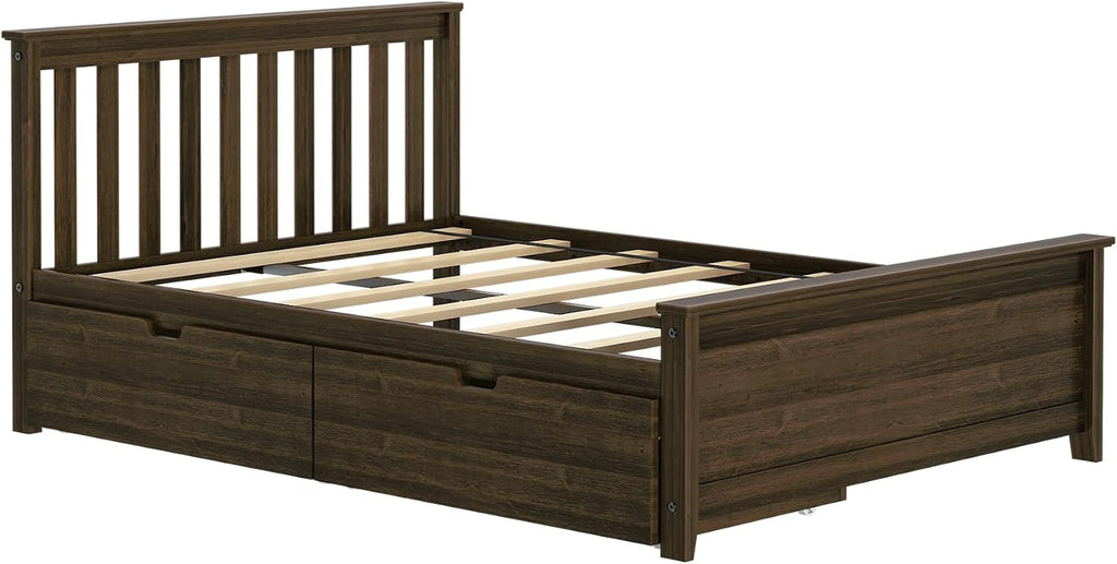 Max & Lily Classic Full Bed, Slatted Headboard, with Storage Drawers, Walnut