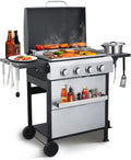 4-Burner Propane Gas Grill Griddle Combo – 40,000 BTU BBQ Grill with Lid, Stainless Steel Plancha & Cast Iron Cooking Grids, Foldable Side Tables – Outdoor Backyard