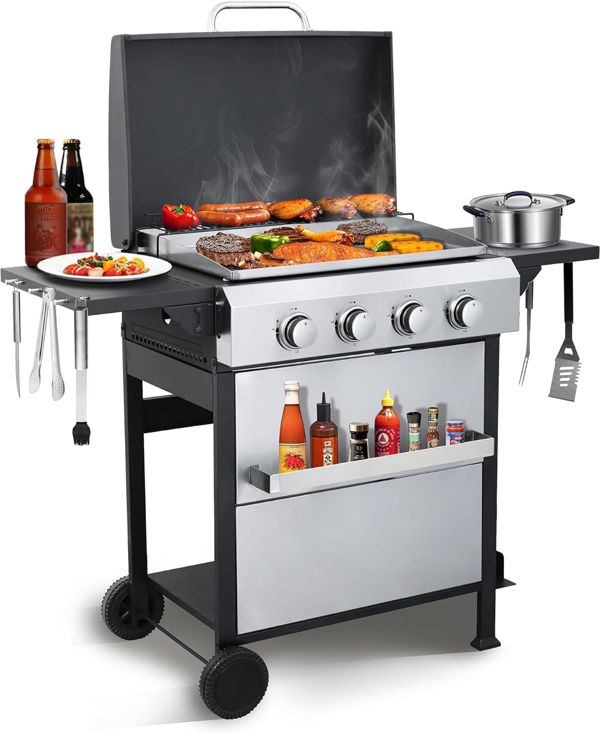 4-Burner Propane Gas Grill Griddle Combo – 40,000 BTU BBQ Grill with Lid, Stainless Steel Plancha & Cast Iron Cooking Grids, Foldable Side Tables – Outdoor Backyard