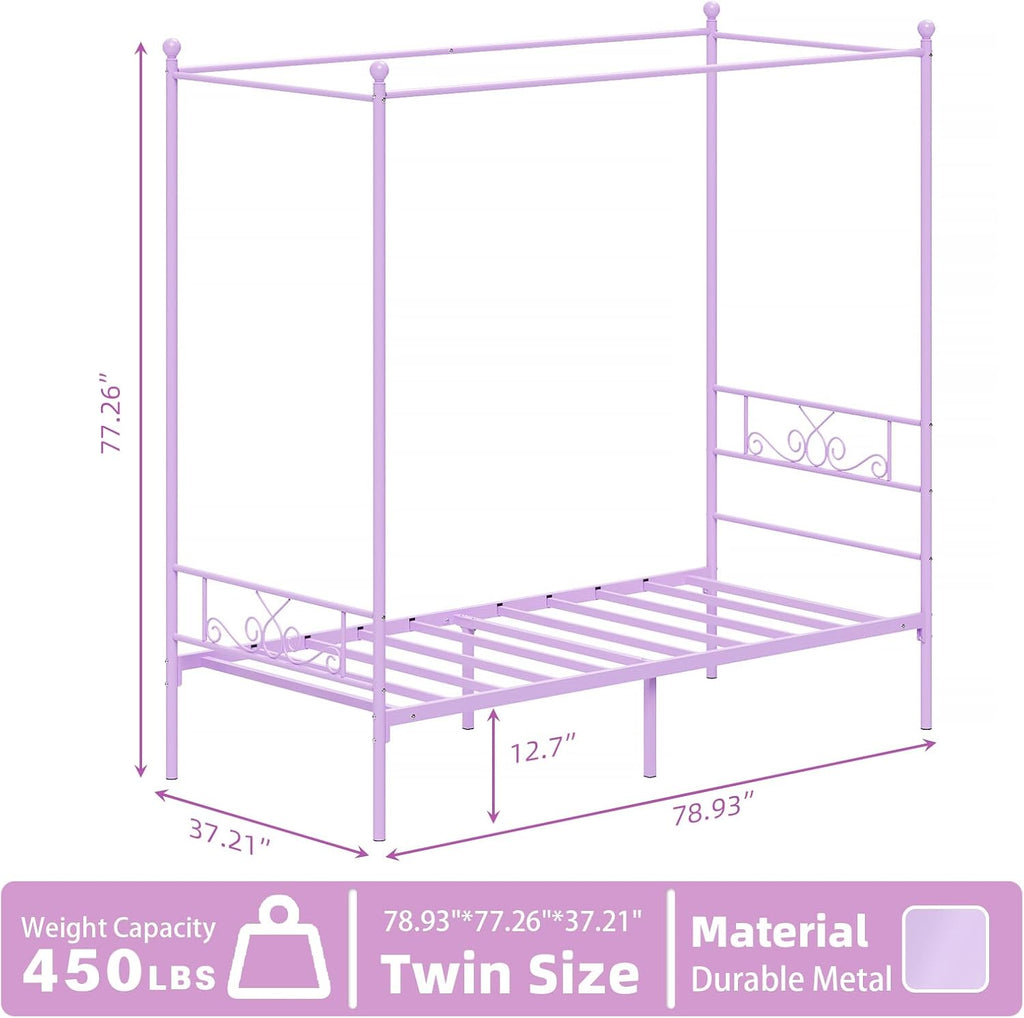 Weehom Twin Canopy Bed Frame with Headboard and Footboard, 4 Posters Metal Bed Frame, No Box Spring Needed, Mattress Foundation Platform Bed for Kids and Adults, Purple