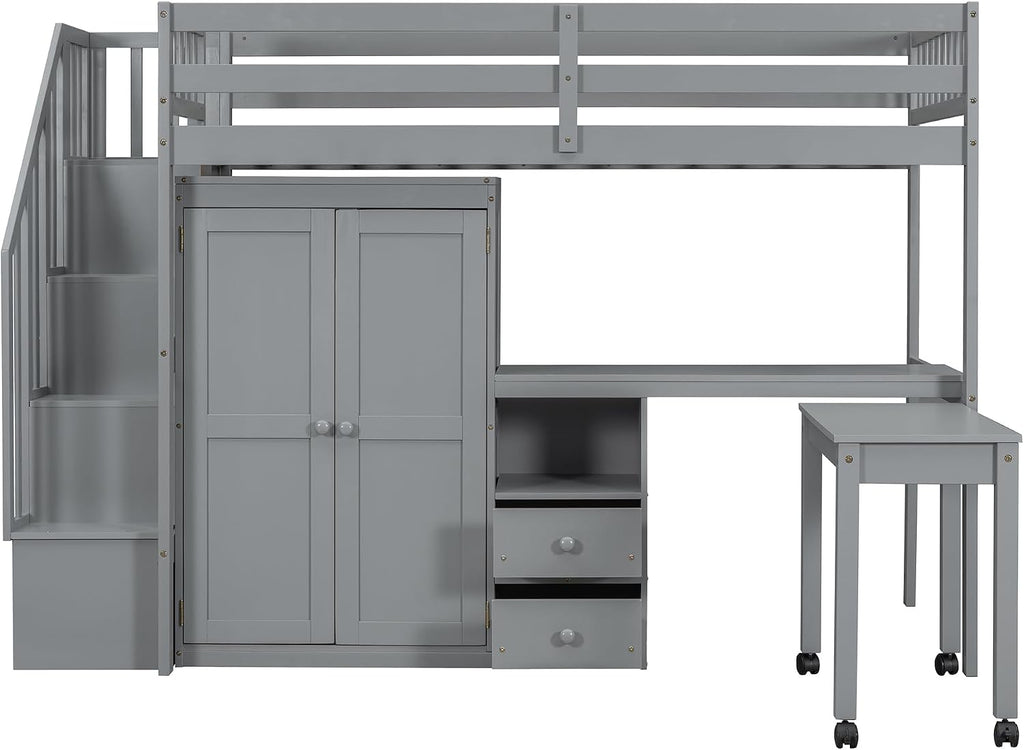 Merax Twin Multifunction Loft Bed with Desk, Wardrobe, Drawers, Wood Loft Bed with Staircase & Full Length Gardrails for Boys, Girls, No Box Spring Needed Gray