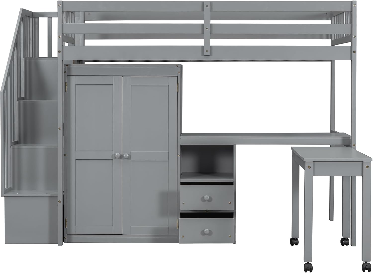 Merax Twin Multifunction Loft Bed with Desk, Wardrobe, Drawers, Wood Loft Bed with Staircase & Full Length Gardrails for Boys, Girls, No Box Spring Needed Gray