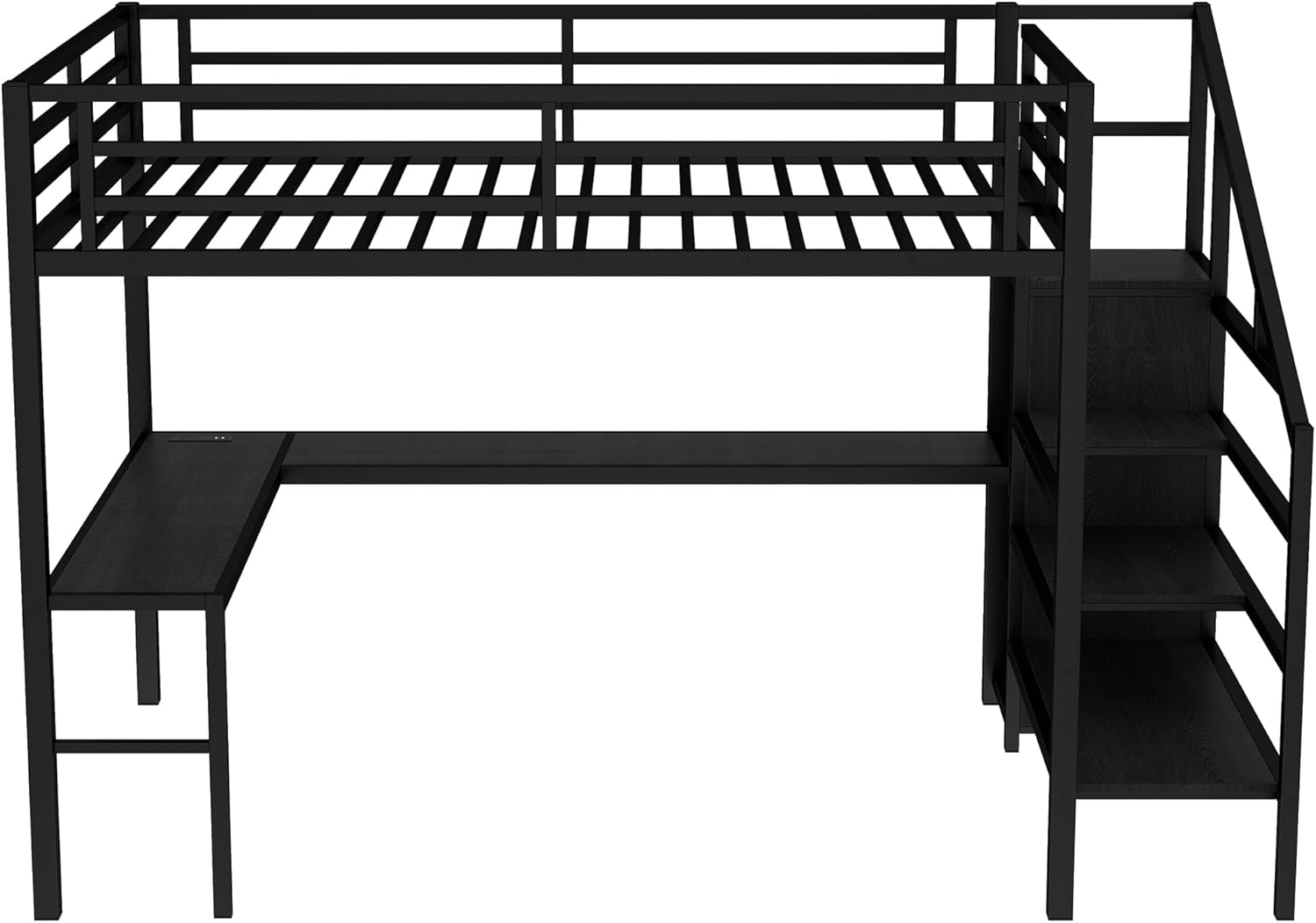 Bellemave Metal Queen Size Loft Bed with Desk and Storage Stairs,Heavy Duty Loft Bed Frame Queen Size with LED Lights,Wardrobe and Charging Station for Kids,Teens,Adults,Black