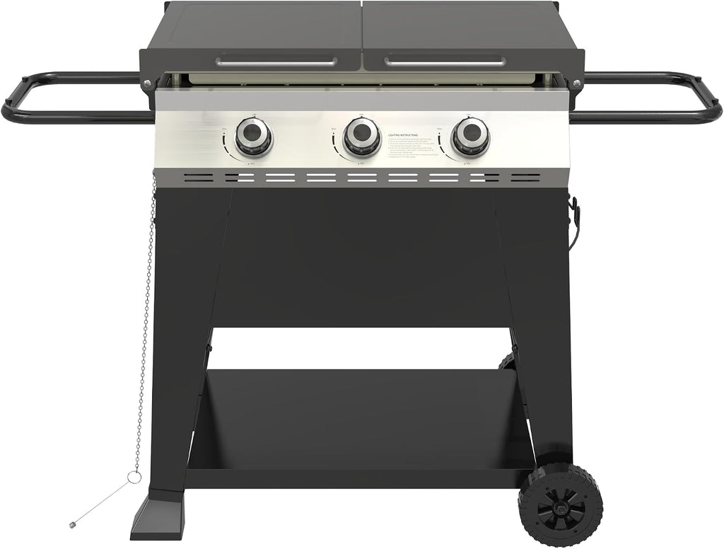 3 Burner Propane Grill with Rainproof Cover 28inch Outdoor Flat Top Griddle Foldable Side Table for Backyards Barbecue