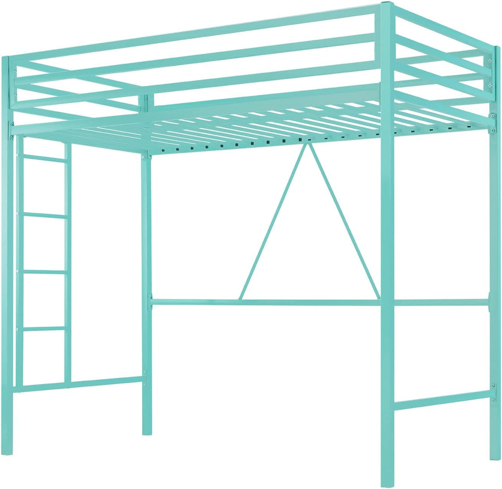 MUTICOR Twin Loft Bed Frame for Juniors and Adults with Safety Guardrail and Ladder,Metal Slats Support, Small Space Saving Furniture for Bedroom Kids Room and Dorm,Aqua Green