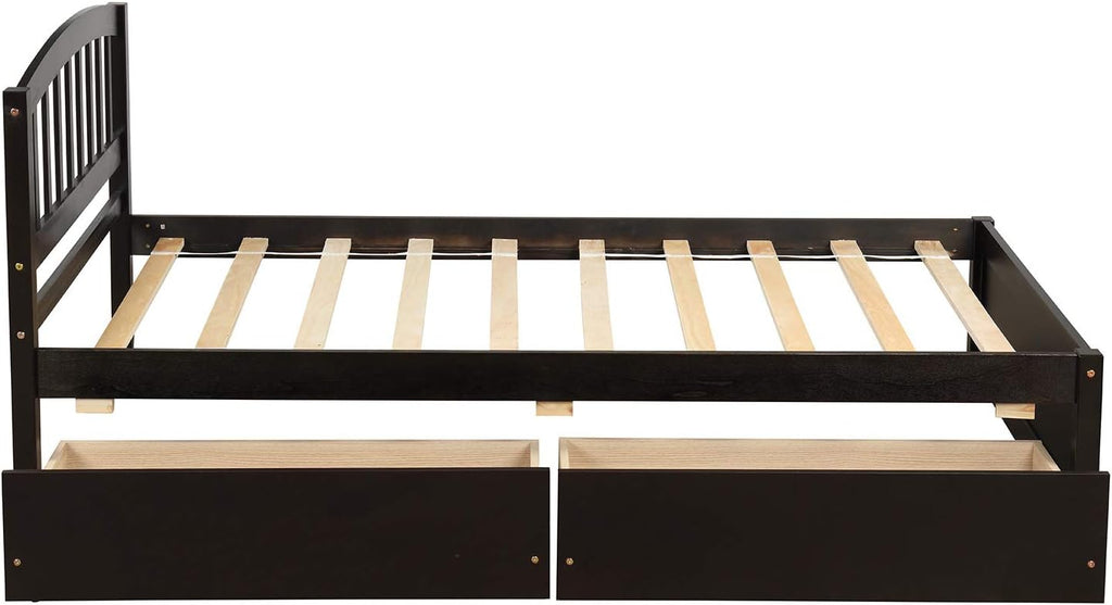 SOFTSEA Twin Platform Bed with Drawers, Solid Wood Bed Frame with Headboard Mattress Foundation No Box Spring Needed (Espresso)