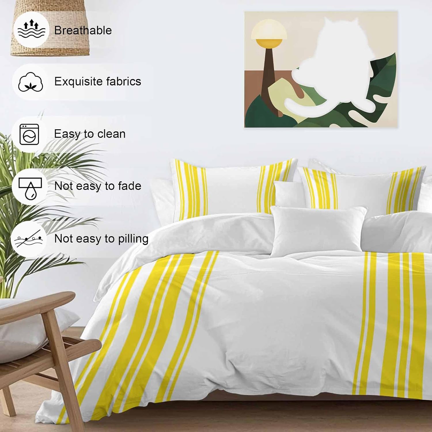 Yellow and White Striped Duvet Cover Set Queen Size 4 Pieces Modern Minimalist Vertical Lines Bedding Set with Zipper Closure, 1 Comforter Cover 90x92 Inches 1 Flat Sheet & 2 Pillow Cases