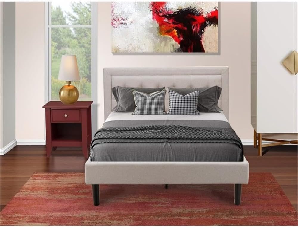 East West Furniture FN08F-1GA13 2-Piece Platform Bedroom Set with 1 Wood Bed Frame and a Mid Century Modern Nightstand - Reliable and Long lasting Manufacturing - Mist Beige Linen Fabric