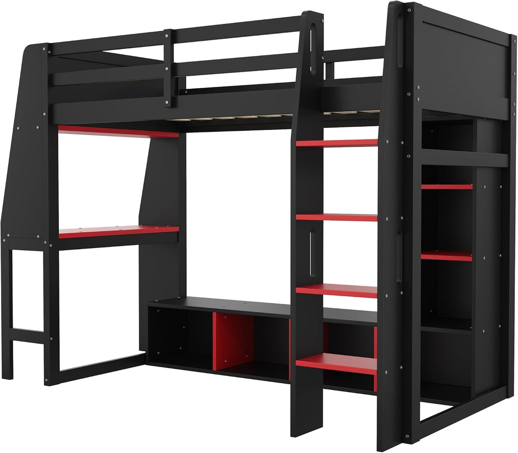 SOFTSEA Twin Size Gaming Loft Bed with Desk, Solid Wood Loft Bed with Wardrobe and Storage Shelves, Gaming Loft Bed Frame with LED Lights for Kids Teens Adults, Black & Red