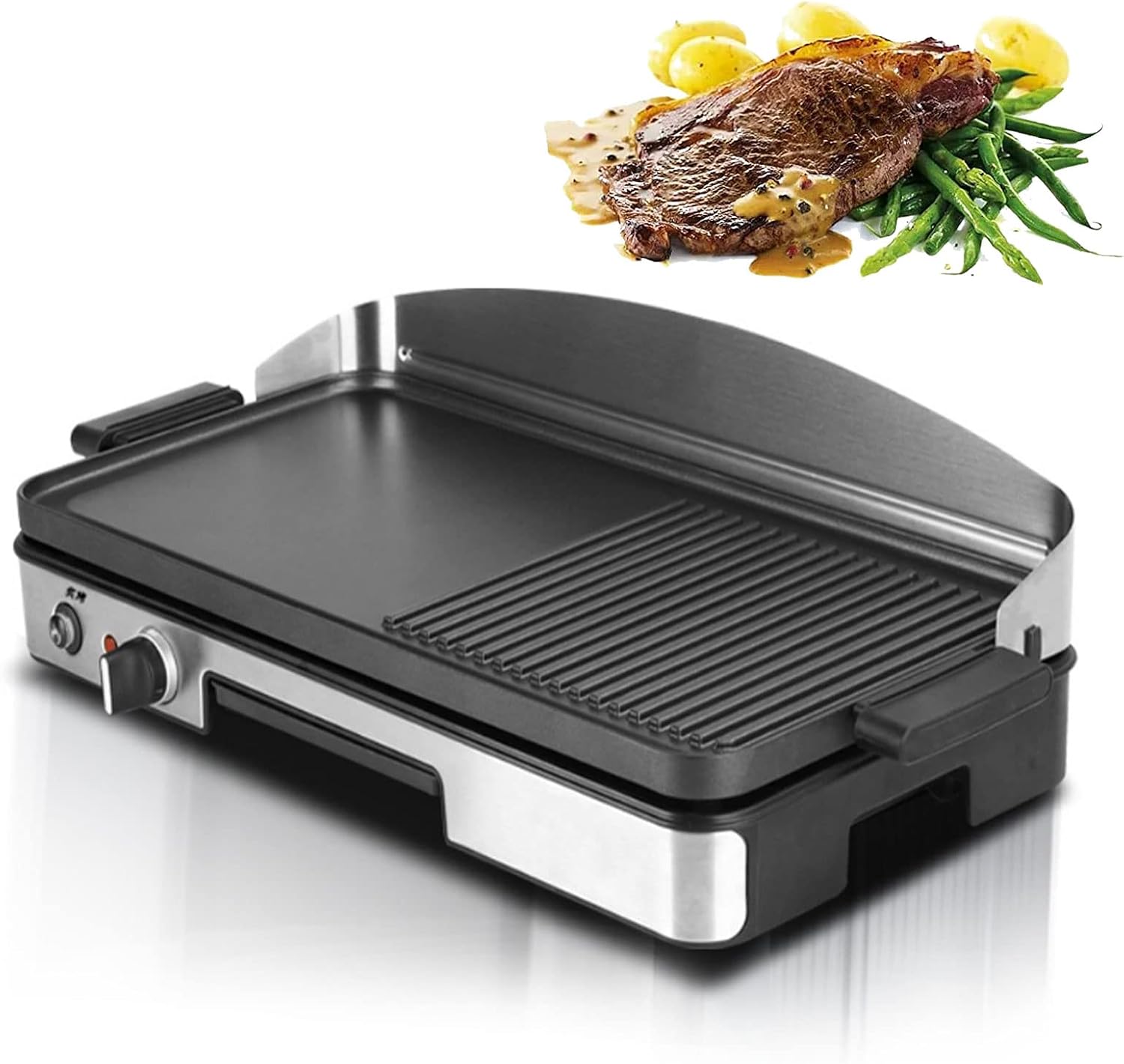 Electric Griddle Commercial Counter Top Half Flat Hotplate, 1750W Electric Flat Top Grill, Stainless Steel Electric Countertop Griddle W/Drip Hole, 110~240V Countertop Griddle for Pancake