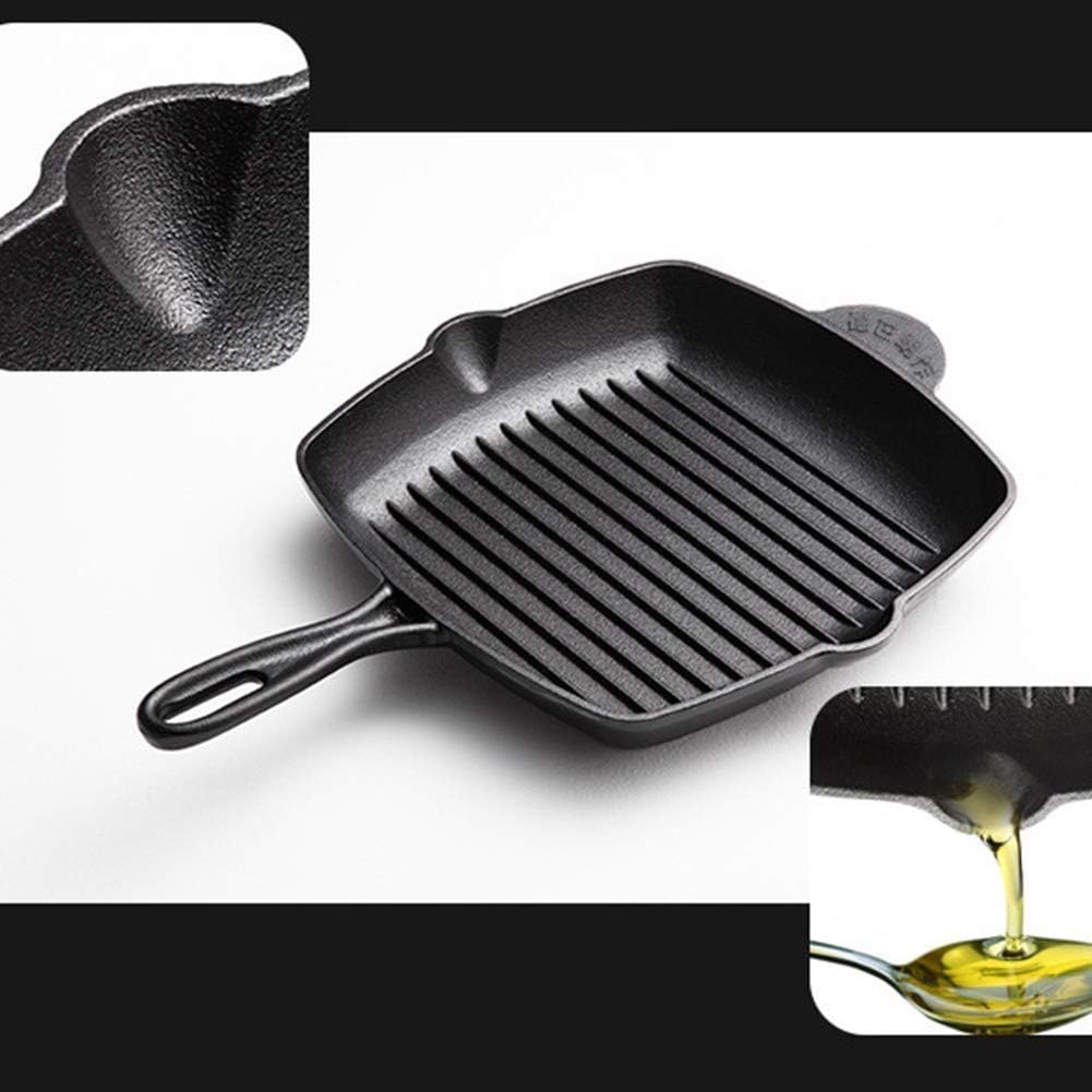 Cast Iron Square Grill Pan Square Skillet/Fat-Free Fryer for Gas, Induction & Electric Hobs Fry Steak BBQ Frying Griddle Pan,Black Frying Pan