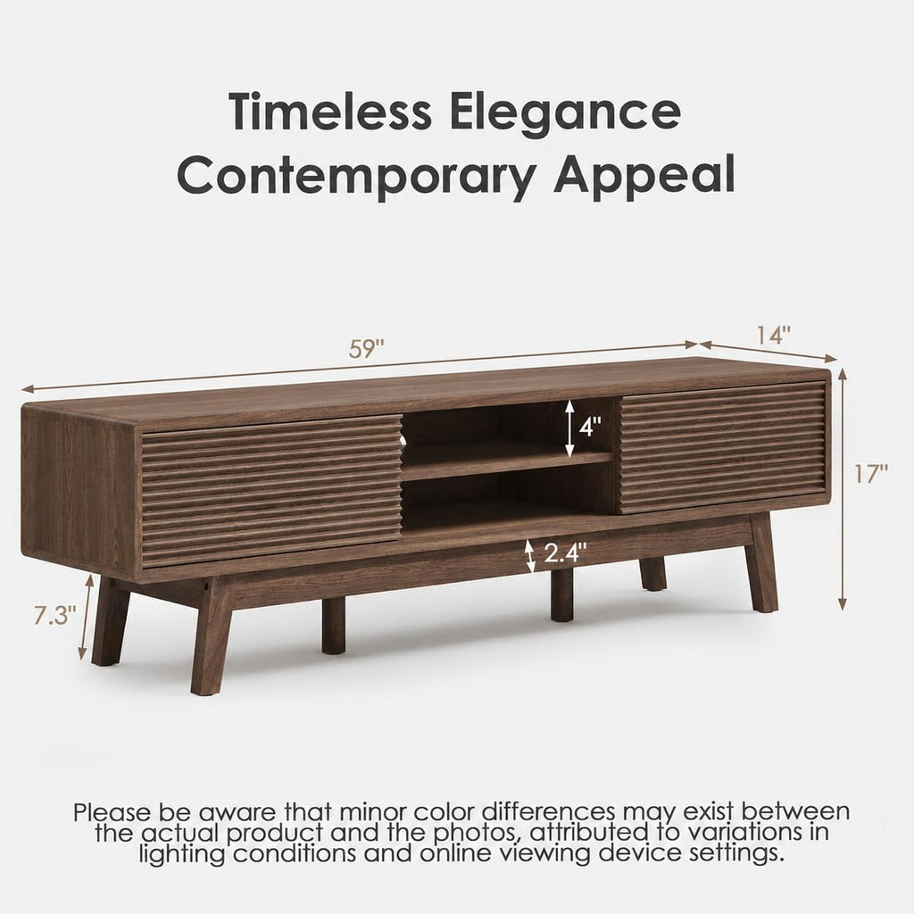 TOLEAD 59' TV Console, Mid Century Modern TV Stand for 55/60/65 Inch TV, Low Profile Media Console with Fluted Sliding Doors, Boho Wood Credenza for Living Room, Walnut