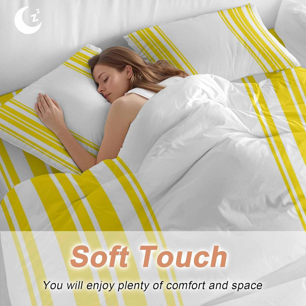 Yellow and White Striped Duvet Cover Set Queen Size 4 Pieces Modern Minimalist Vertical Lines Bedding Set with Zipper Closure, 1 Comforter Cover 86x86 Inches 1 Flat Sheet & 2 Pillow Cases